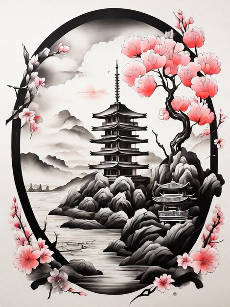 a painting of a pagoda with pink flowers in the background