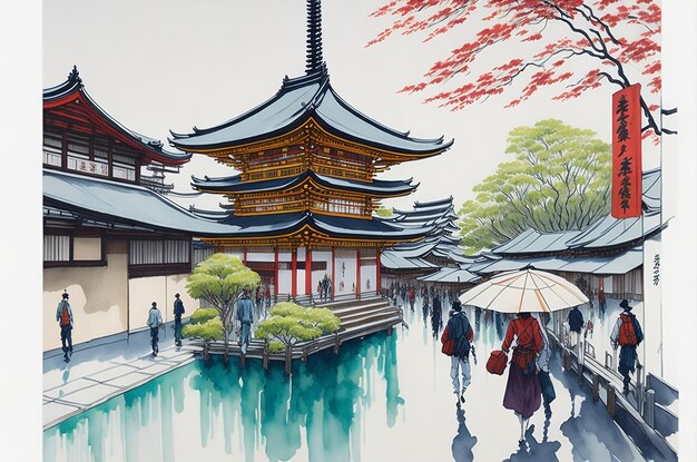 a painting of a pagoda with a red tree in the background