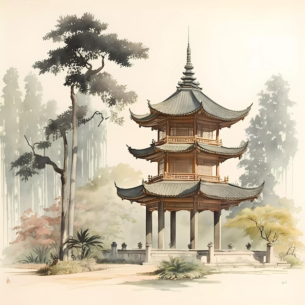 A painting of a pagoda with a tree in the background