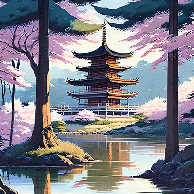 A painting of a pagoda with a tree in the background