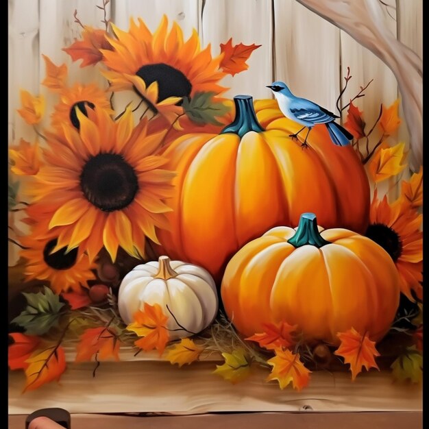 Painting of a painting of a bird and pumpkins with sunflowers generative ai