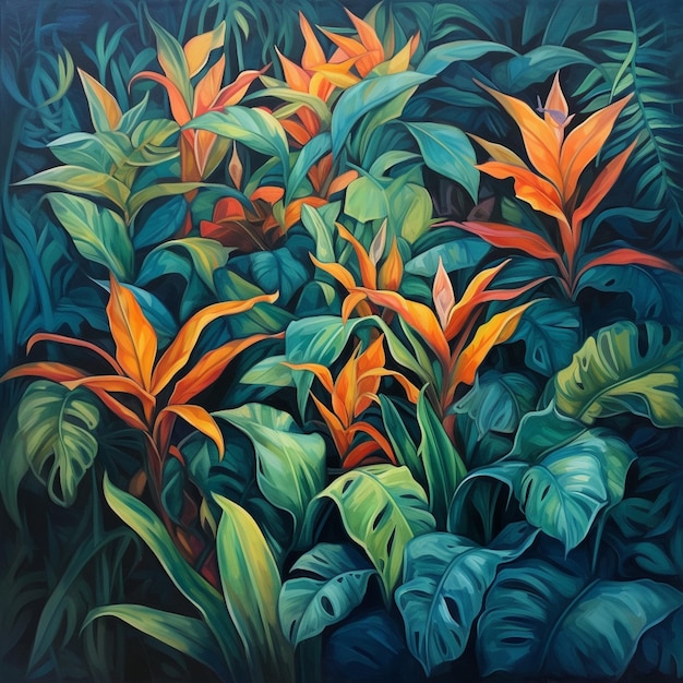 Картина с изображением букета растений с оранжевыми цветами, генеративный ИИ