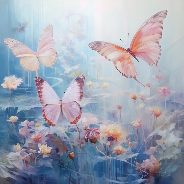 painting of a painting of a butterfly and flowers with a blue background generative ai