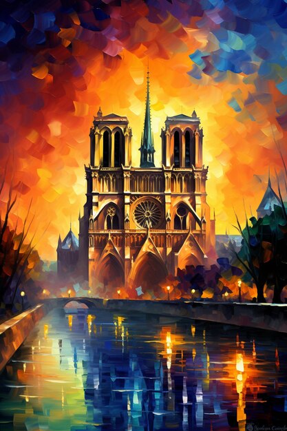 painting of a painting of a cathedral with a reflection in the water generative ai