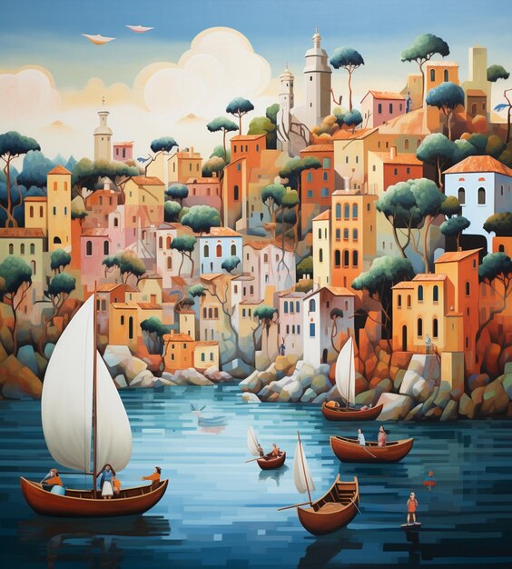 Painting of a painting of a city with boats in the water generative ai