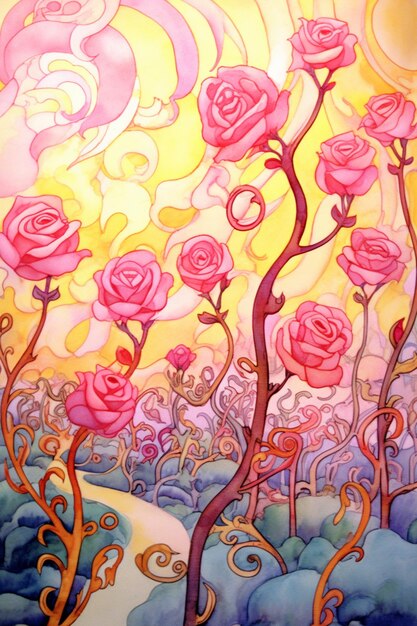 Painting of a painting of a field of roses with a sun in the background generative ai