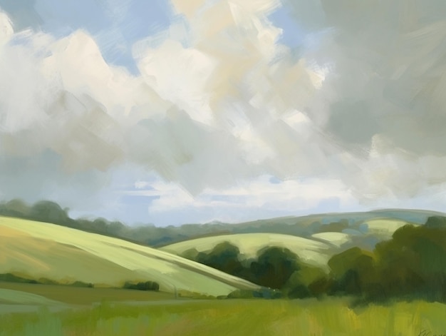 Photo painting of a painting of a field with a cow in the distance generative ai