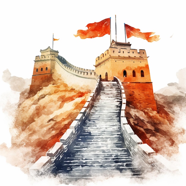 painting of a painting of a great wall with flags on it generative ai