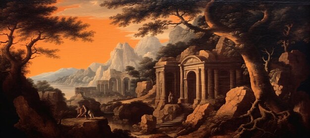 painting of a painting of a landscape with a temple in the distance generative ai