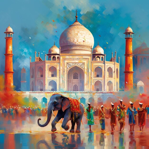 Painting of a painting of a large building with a large elephant generative ai