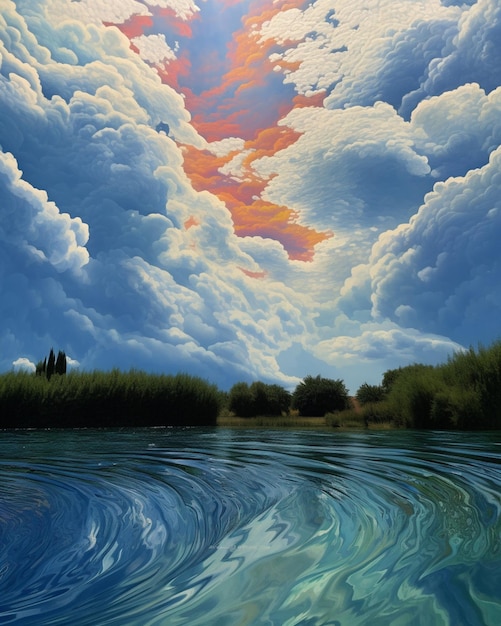 Painting of a painting of a river with a sky and clouds generative ai