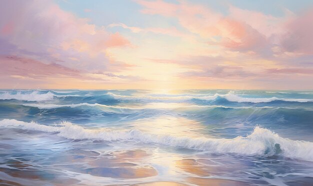 painting of a painting of a sunset over the ocean with waves generative ai