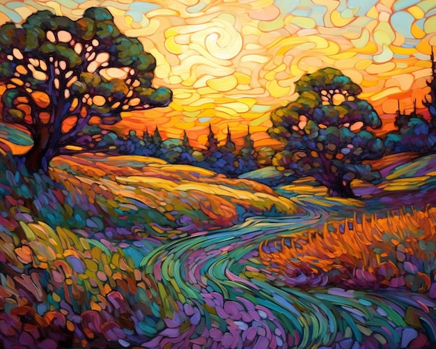 painting of a painting of a sunset with a river running through it generative ai