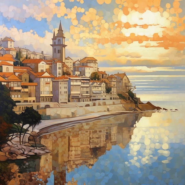 painting of a painting of a town on a cliff overlooking the water generative ai