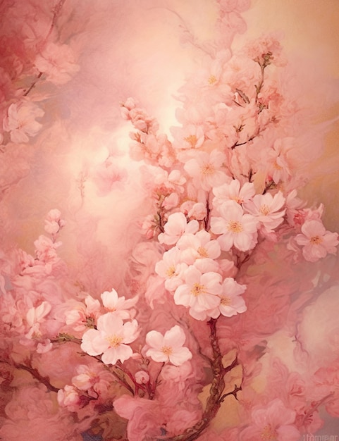 Painting of a painting of a tree with pink flowers in a vase generative ai