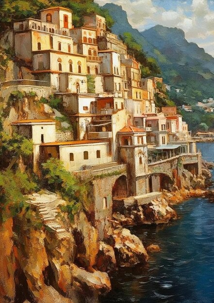 바다를 내려다보는 절벽 위에 있는 마을의 그림