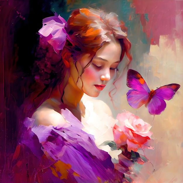 그림은 장미와 나비로 소녀를 그립니다.