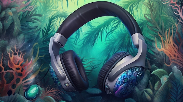 A painting of a pair of headphones on a green background.