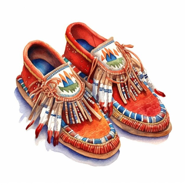 Painting of a pair of native style shoes with feathers on them generative ai