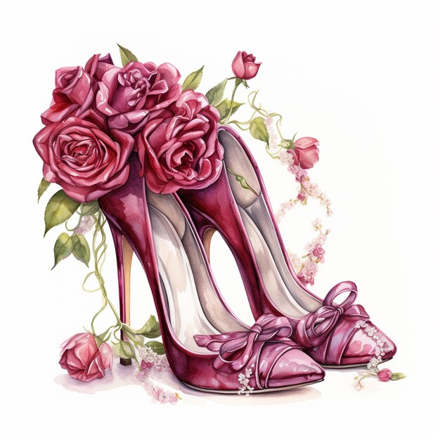 painting of a pair of red shoes with roses and pearls generative ai