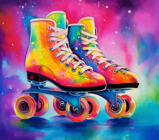 Painting of a pair of roller skates with colorful wheels generative ai