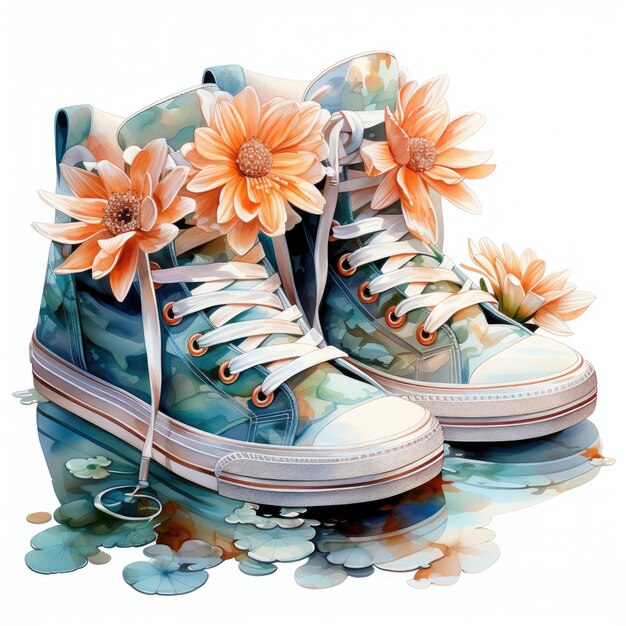 a painting of a pair of shoes with flowers on the bottom.