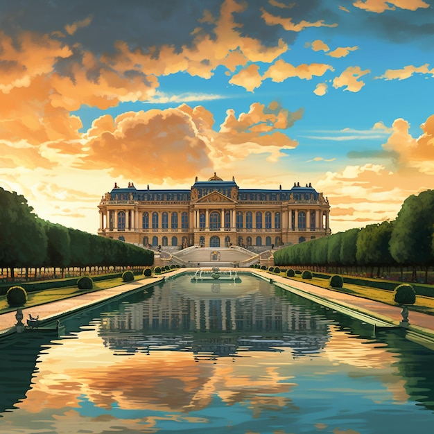картина дворца с фонтаном на переднем плане