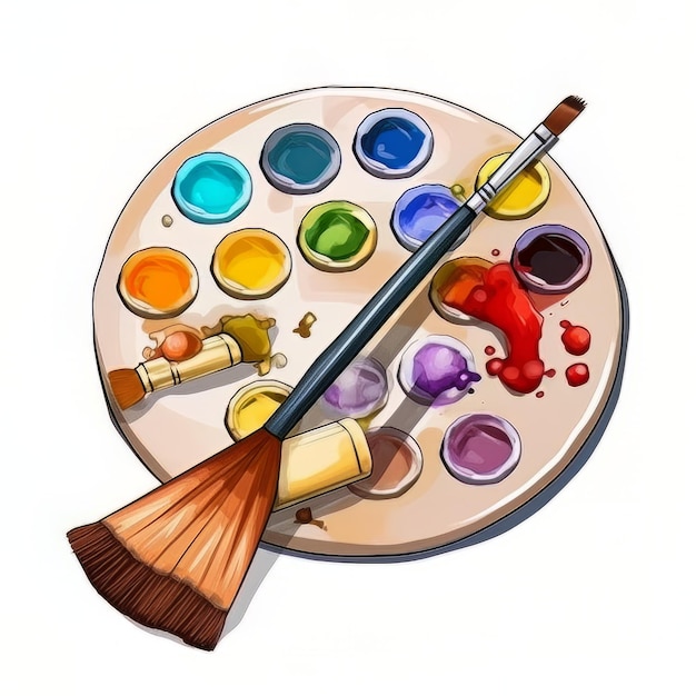 A painting palette with paint brushes and brushes.