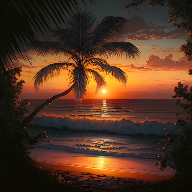A painting of a palm tree on the beach with the sun setting behind it.