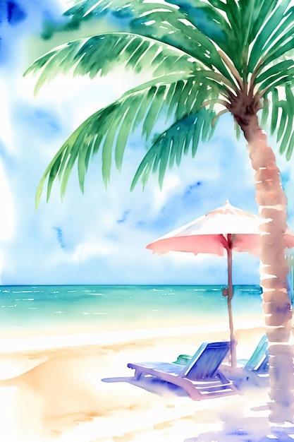 A Painting Of A Palm Tree On A Beach