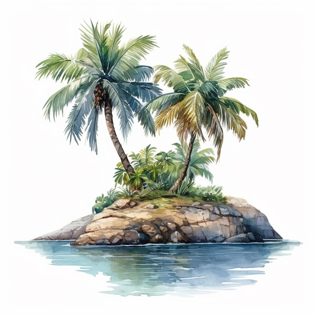 A painting of a palm tree on a small island