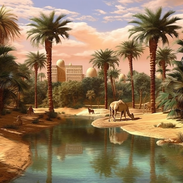 A painting of a palm tree with a camel in front of it