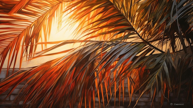 A painting of a palm tree with the sun behind it