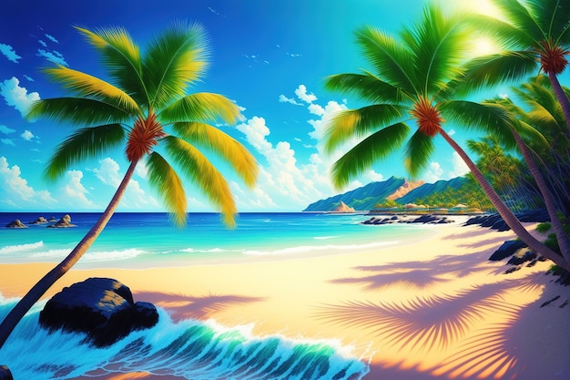 A painting of palm trees on a beach with a blue sky and clouds.