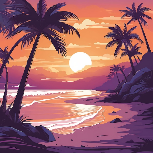 Premium AI Image | a painting of palm trees on a beach with a pink ...