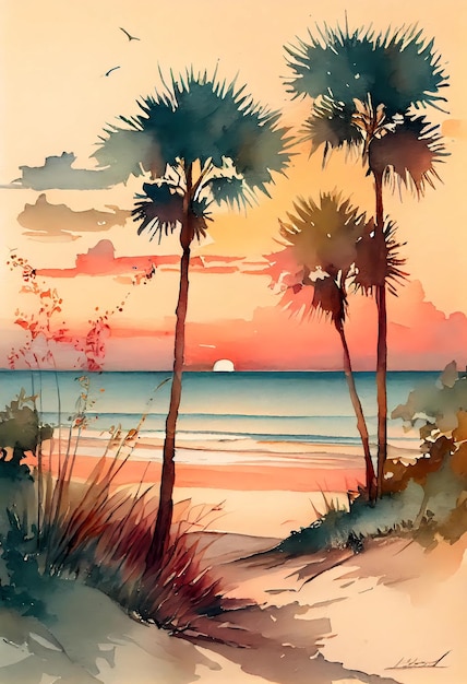 Картина с пальмами на пляже, за которыми заходит солнце.