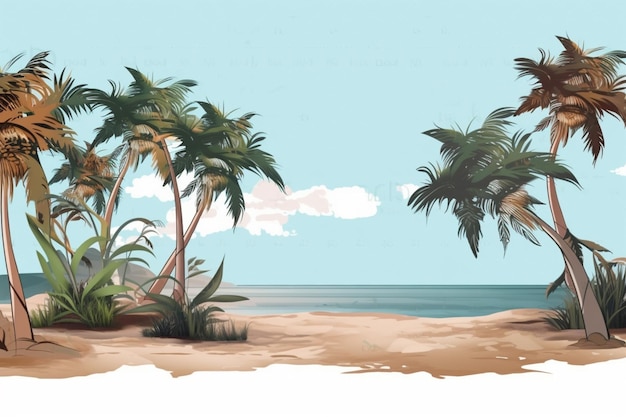 A painting of palm trees on a beach with the words palm trees on it.