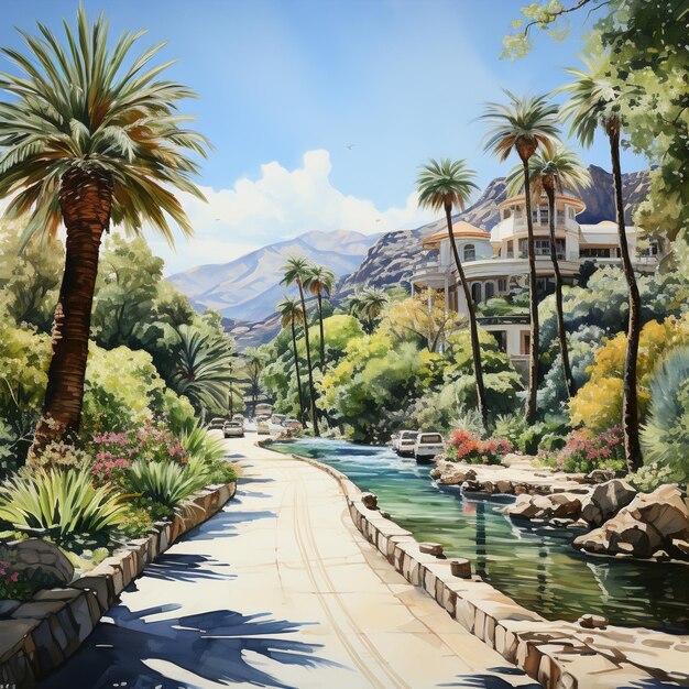 a painting of palm trees and a bridge with a river in the background