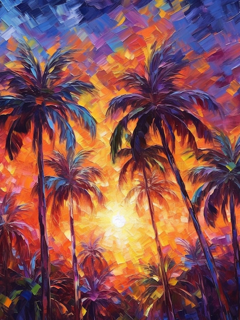 painting of palm trees in a colorful sunset with a colorful sky generative ai