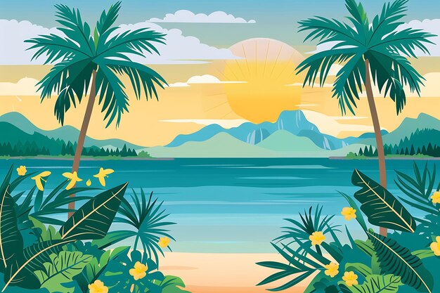 Photo a painting of palm trees and mountains with the sun setting behind them