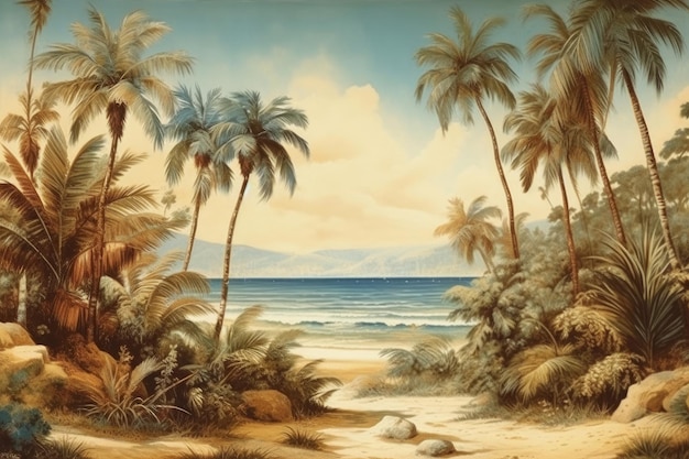 A painting of palm trees and the ocean