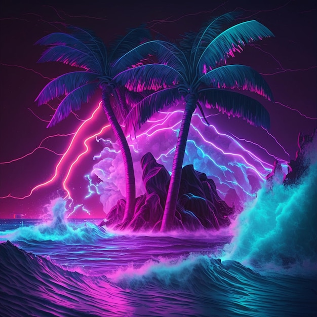 A painting of palm trees and a rock with lightning in the background
