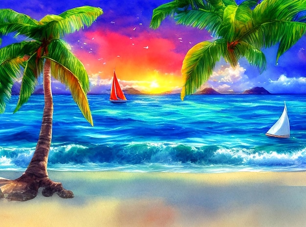 A painting of palm trees and a sailboat on the beach.