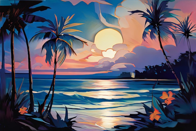 a painting of palm trees and the sun setting over the ocean