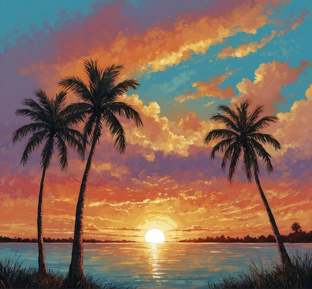 a painting of palm trees and the sun setting behind them