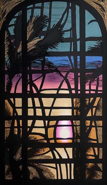 A painting of palm trees and the sunset