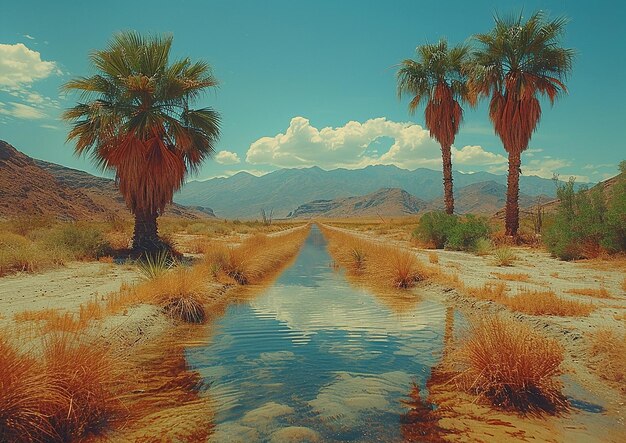 a painting of palm trees and a water source