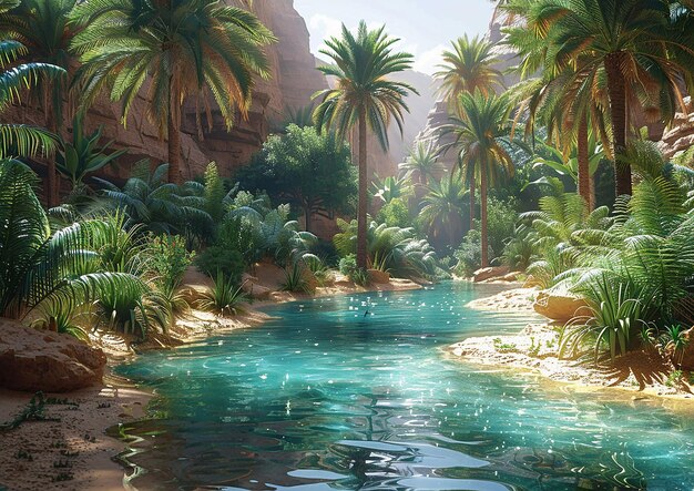 a painting of palm trees and water with a pool in the background