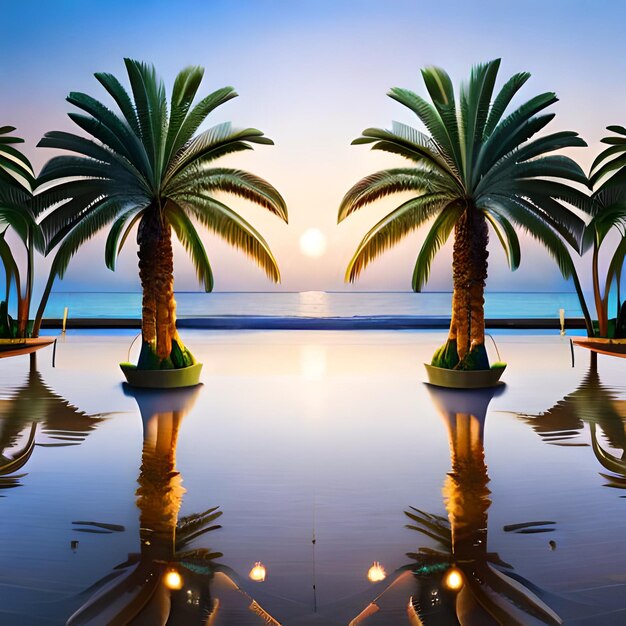 A painting of palm trees with the sun setting behind them.