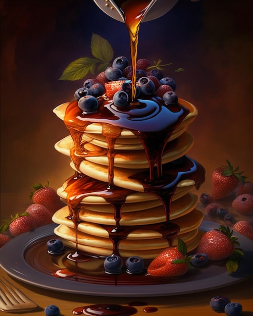 A painting of pancakes with blueberries and strawberries on top